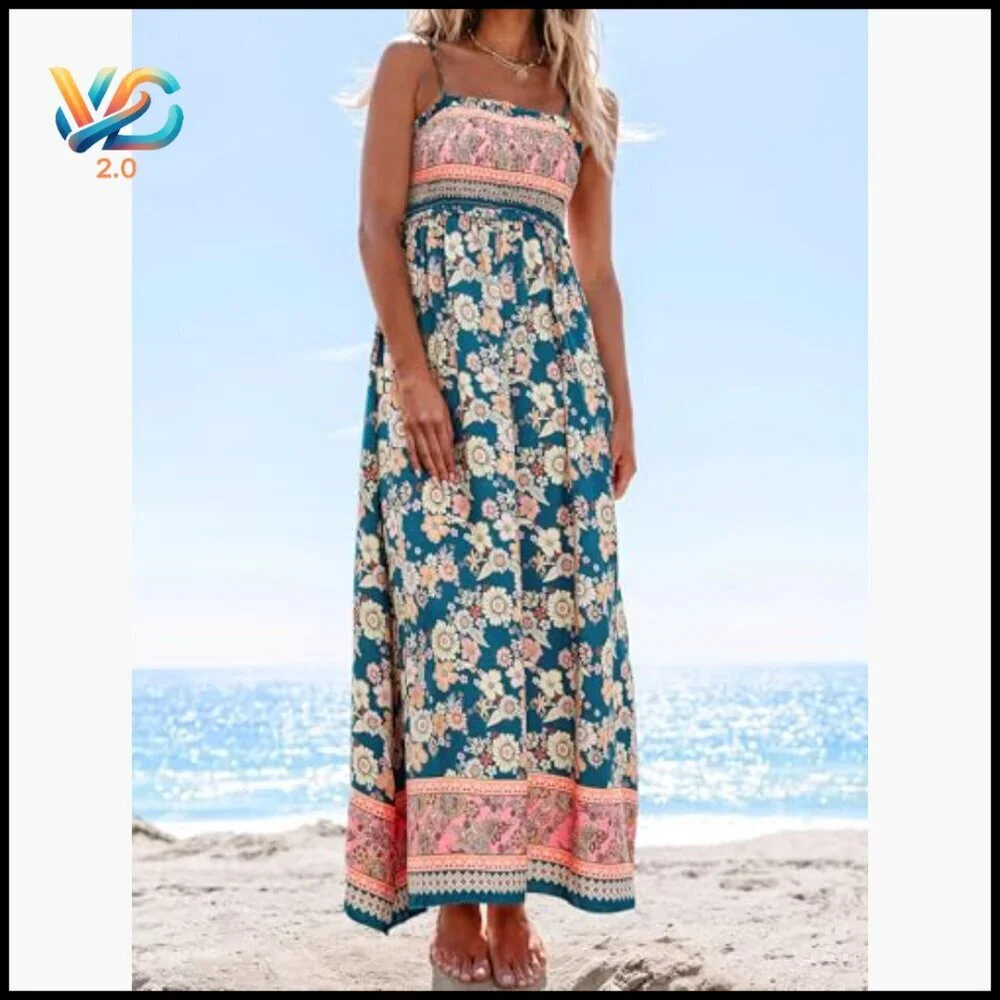 Maxi Dress Sleeveless Smocked Ruffled Spaghetti Straps A-Line Rayon Formal